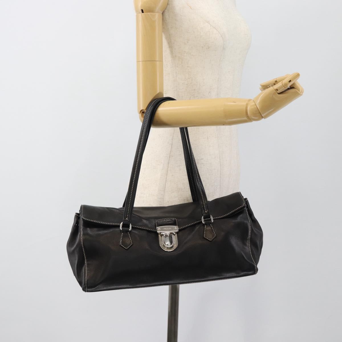 PRADA Hand Bag Leather Black Silver Auth 185946SAV