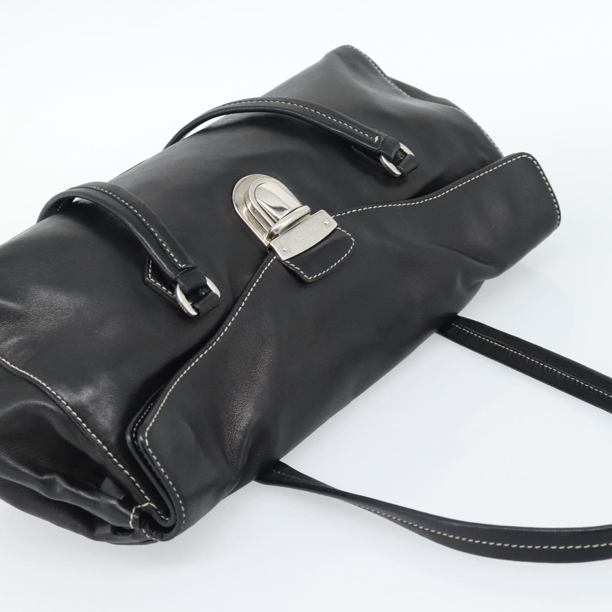 PRADA Hand Bag Leather Black Silver Auth 185946SAV