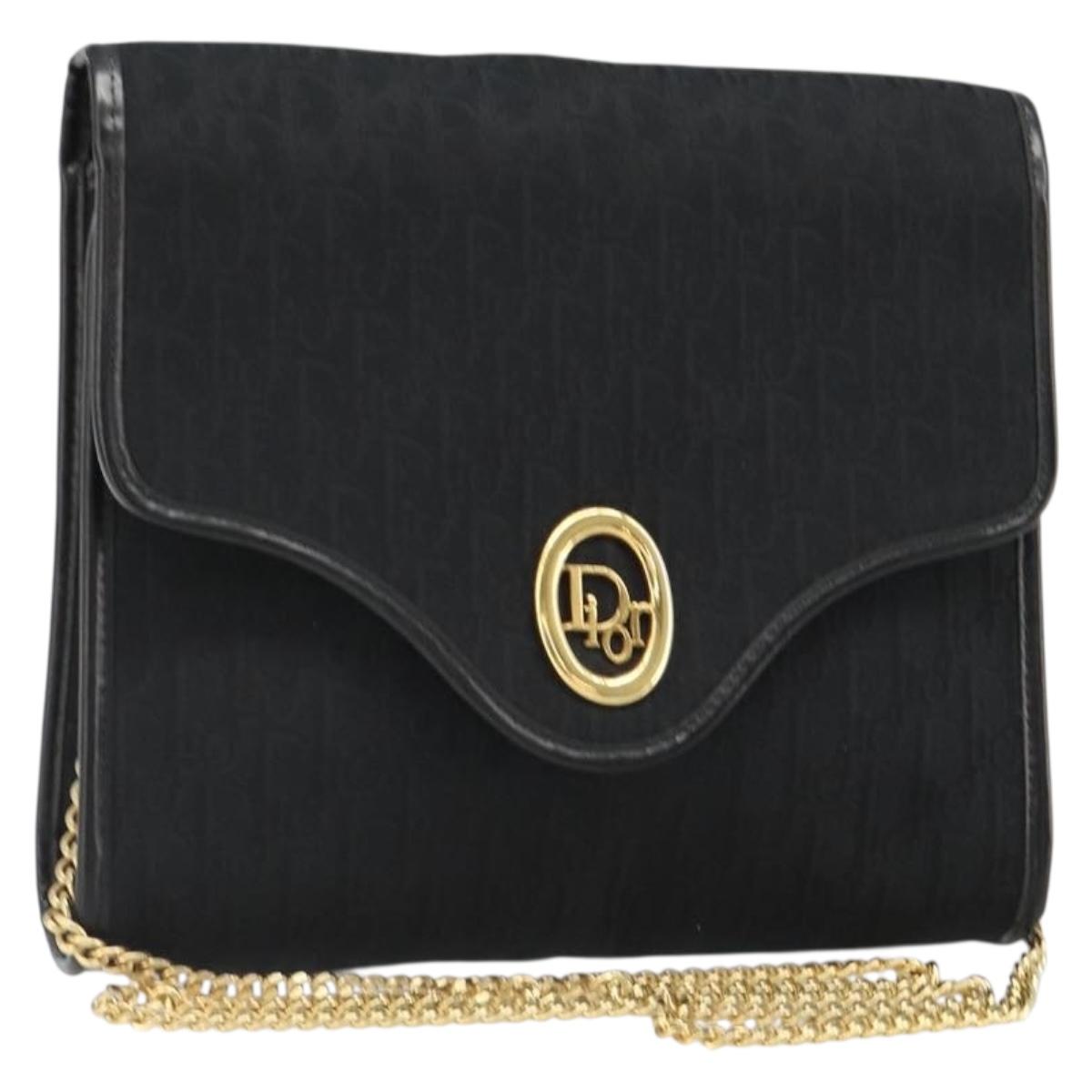Christian Dior Trotter Canvas Chain Shoulder Bag Black Gold Auth 185963A