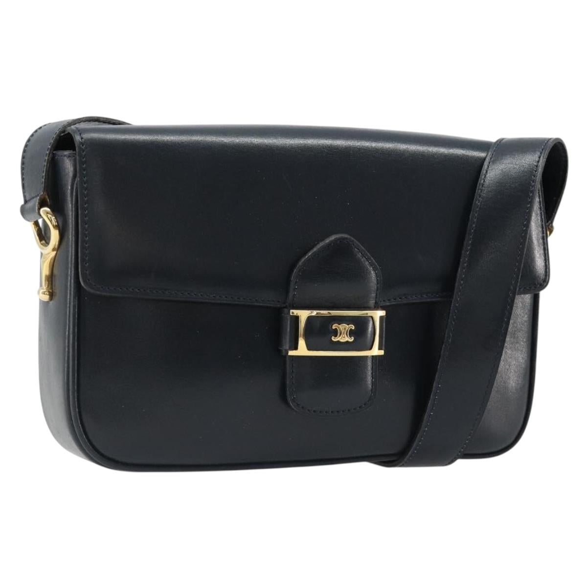 CELINE Shoulder Bag Leather Navy Gold Auth 185966A