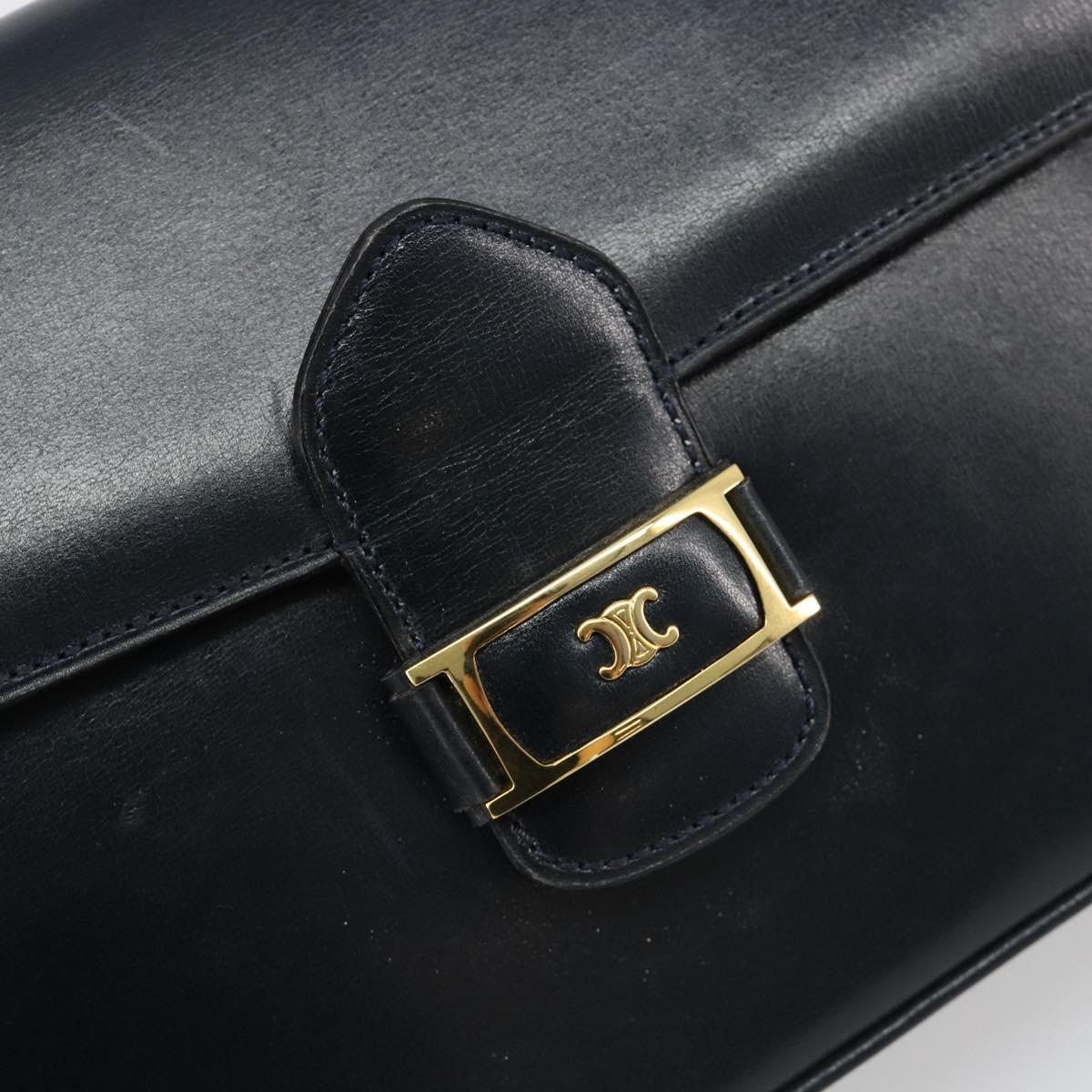 CELINE Shoulder Bag Leather Navy Gold Auth 185966A