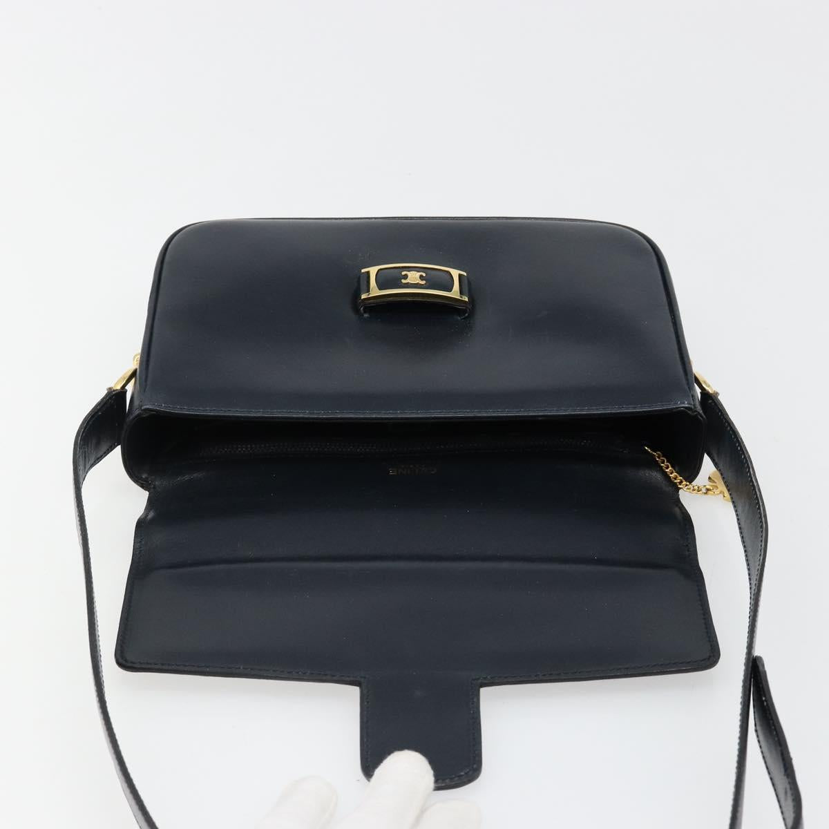 CELINE Shoulder Bag Leather Navy Gold Auth 185966A