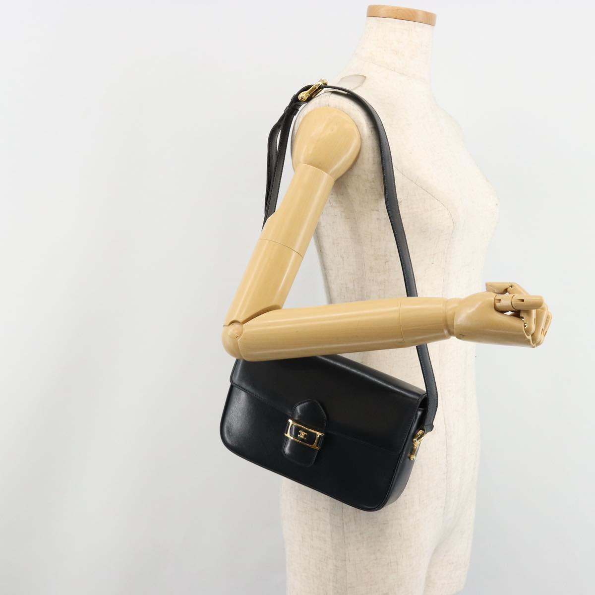 CELINE Shoulder Bag Leather Navy Gold Auth 185966A