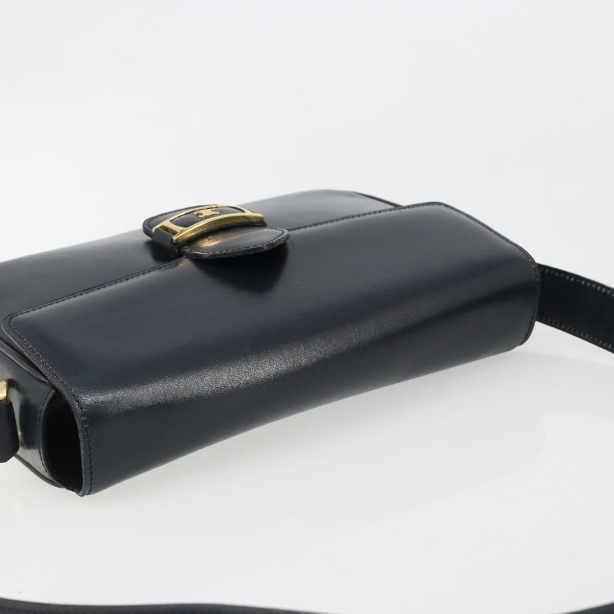CELINE Shoulder Bag Leather Navy Gold Auth 185966A