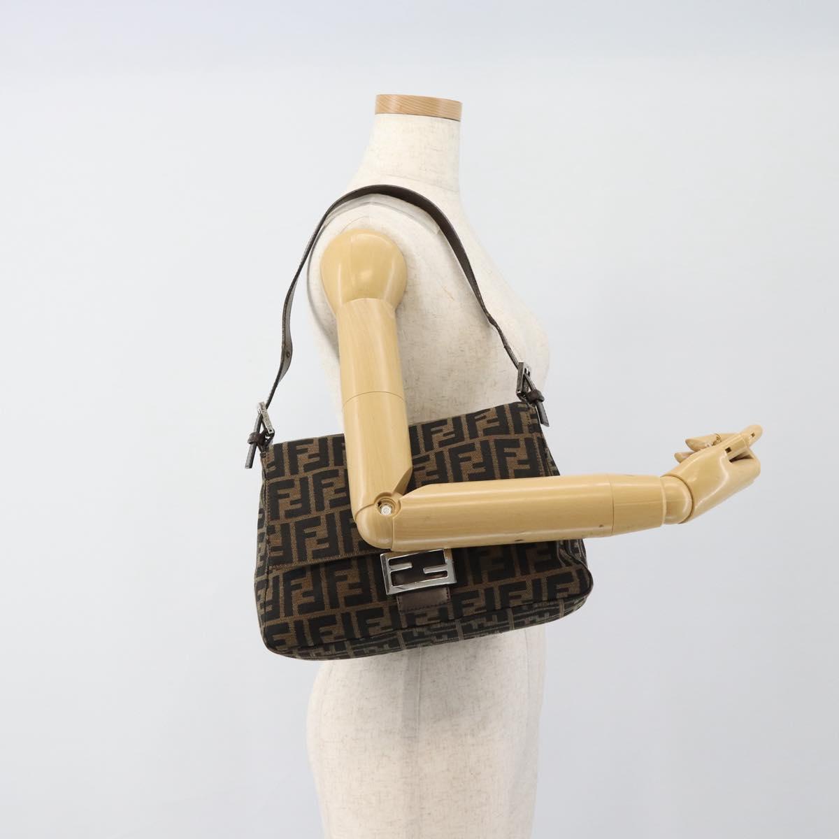 FENDI Zucca Canvas Mamma Baguette Shoulder Bag Black Brown Auth 185971SAM