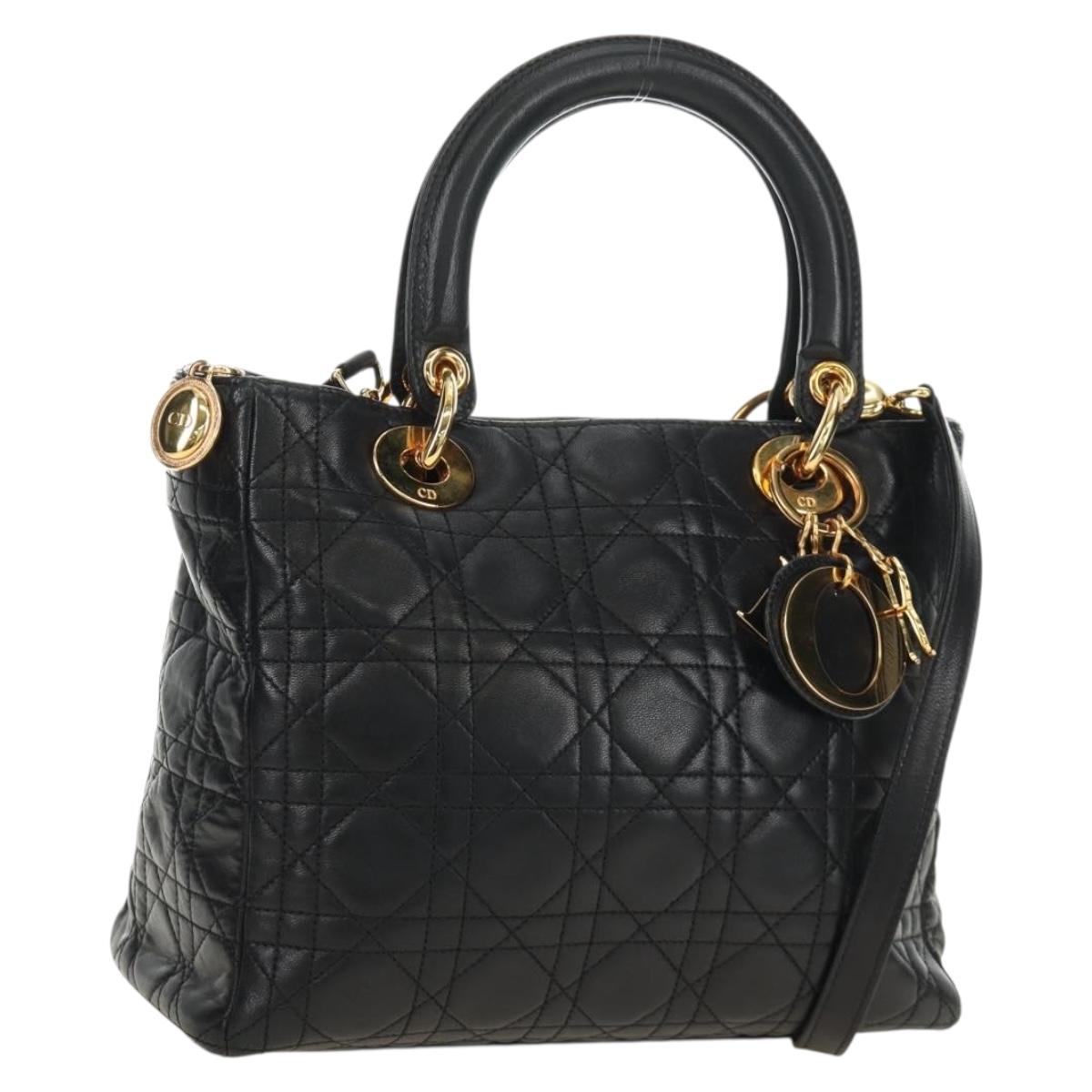 Christian Dior Lady Dior Canage Bag Lamb Skin 2way Black Gold Auth 185972SAM