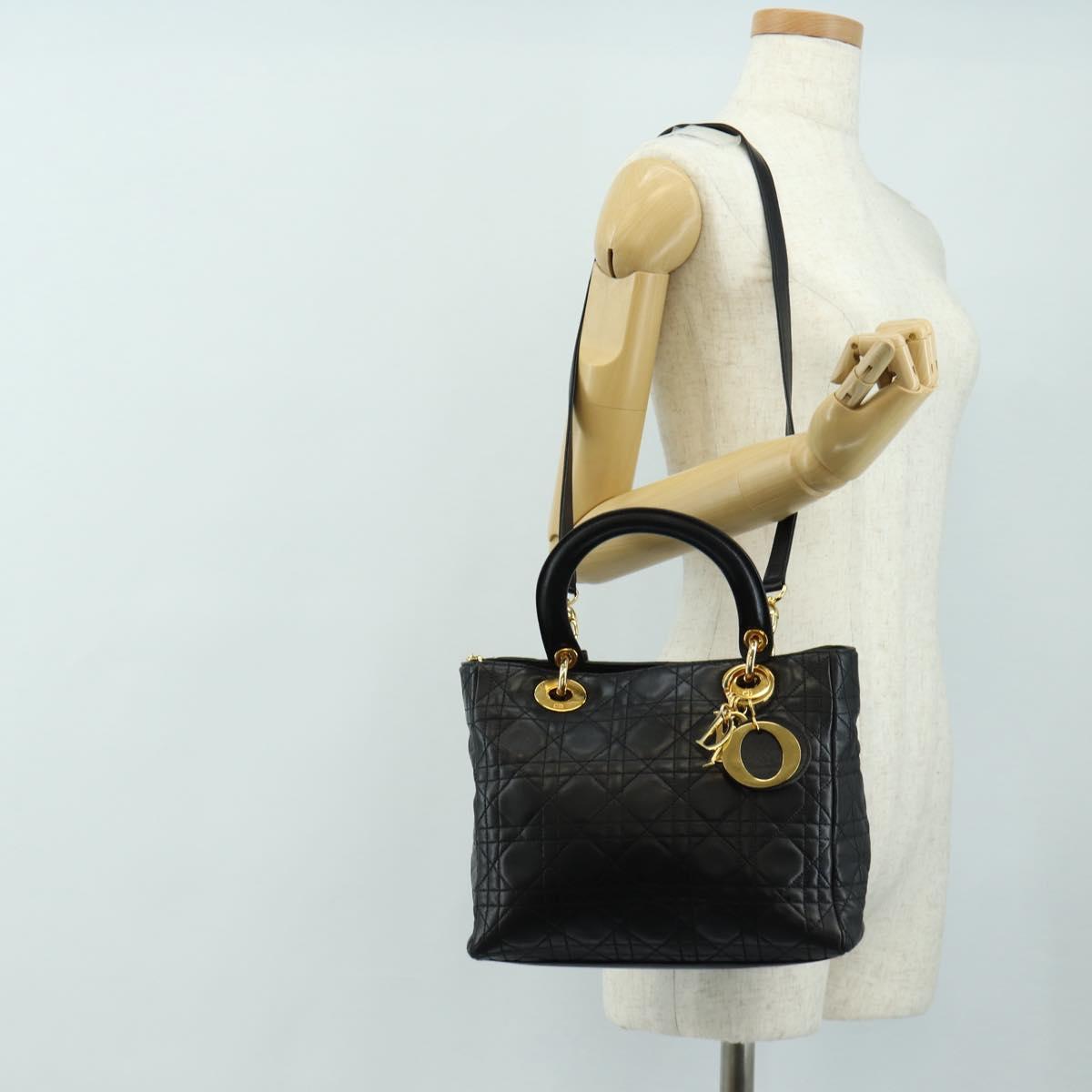 Christian Dior Lady Dior Canage Bag Lamb Skin 2way Black Gold Auth 185972SAM