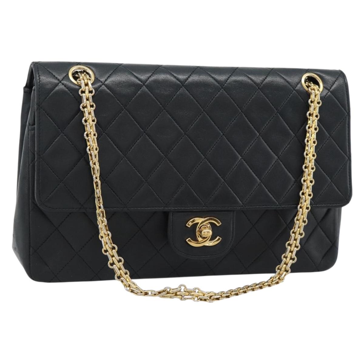 CHANEL Matelasse 25 Chain Shoulder Bag Lamb Skin Black Gold CC Auth 185980SAM