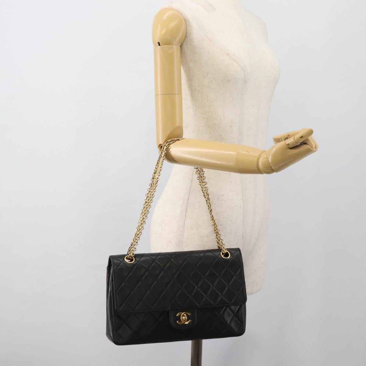 CHANEL Matelasse 25 Chain Shoulder Bag Lamb Skin Black Gold CC Auth 185980SAM