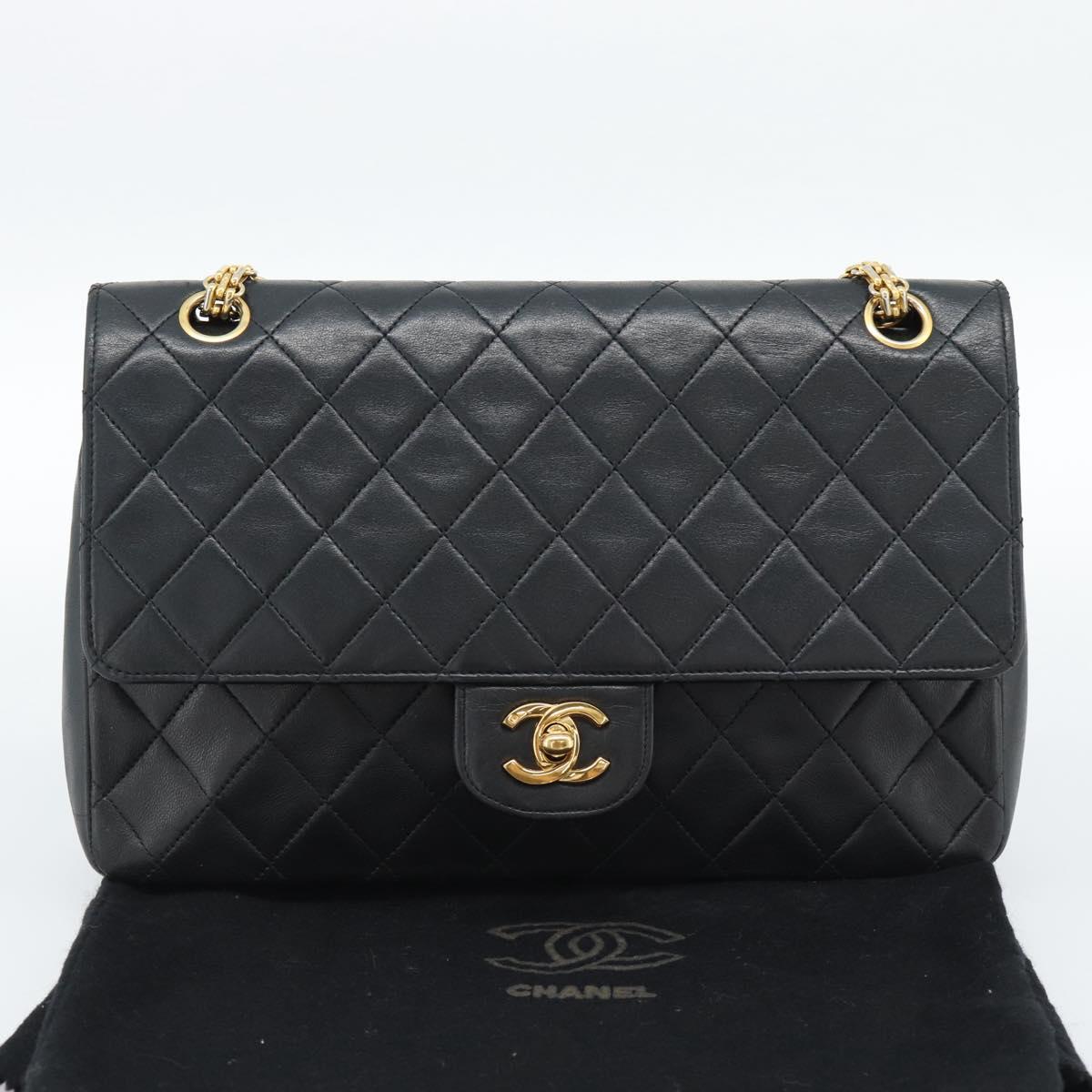 CHANEL Matelasse 25 Chain Shoulder Bag Lamb Skin Black Gold CC Auth 185980SAM