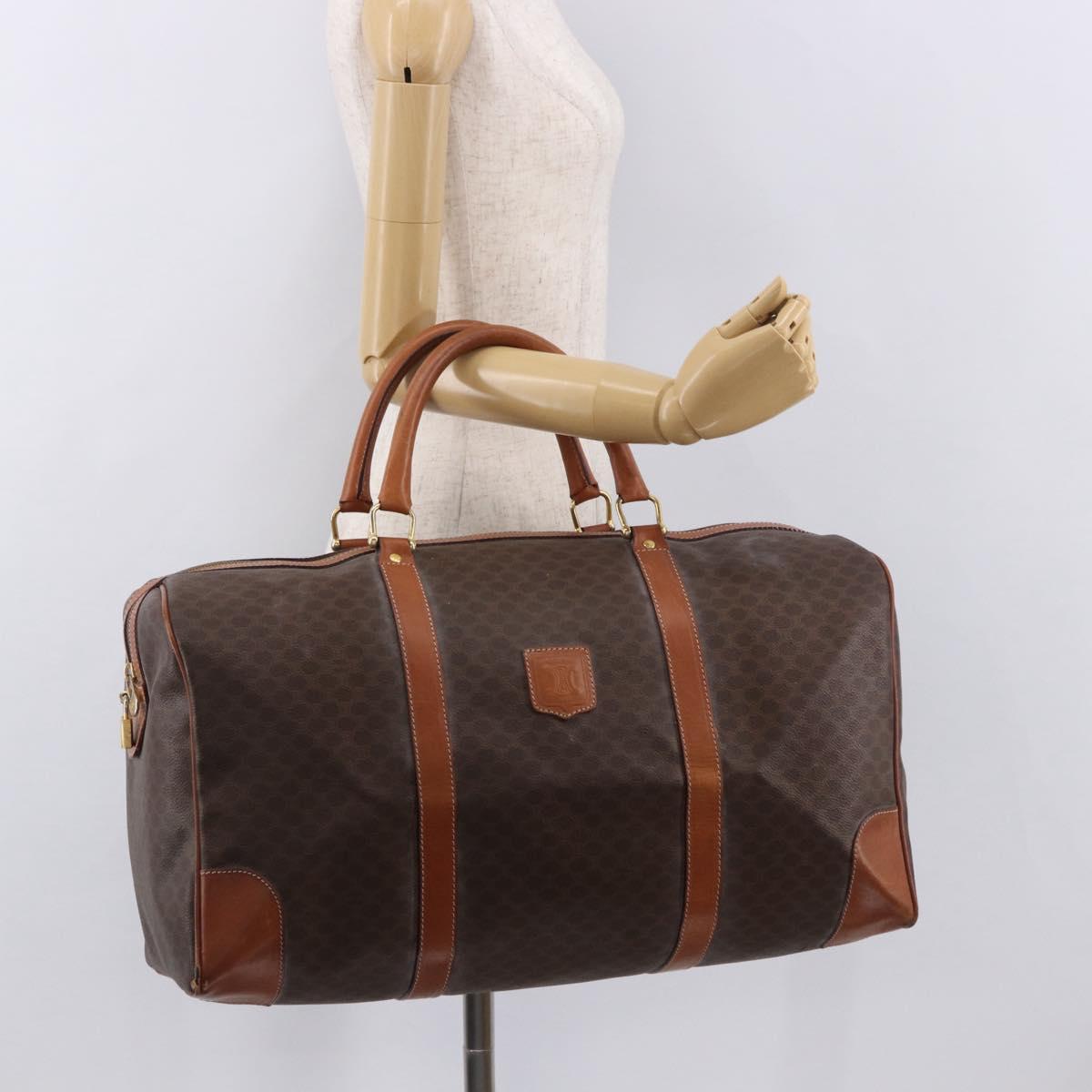 CELINE Macadam Canvas Boston Bag PVC Leather Brown Gold Auth 185992