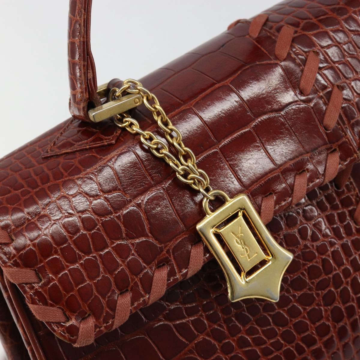SAINT LAURENT Hand Bag Embossed leather Brown Gold Auth 185996A