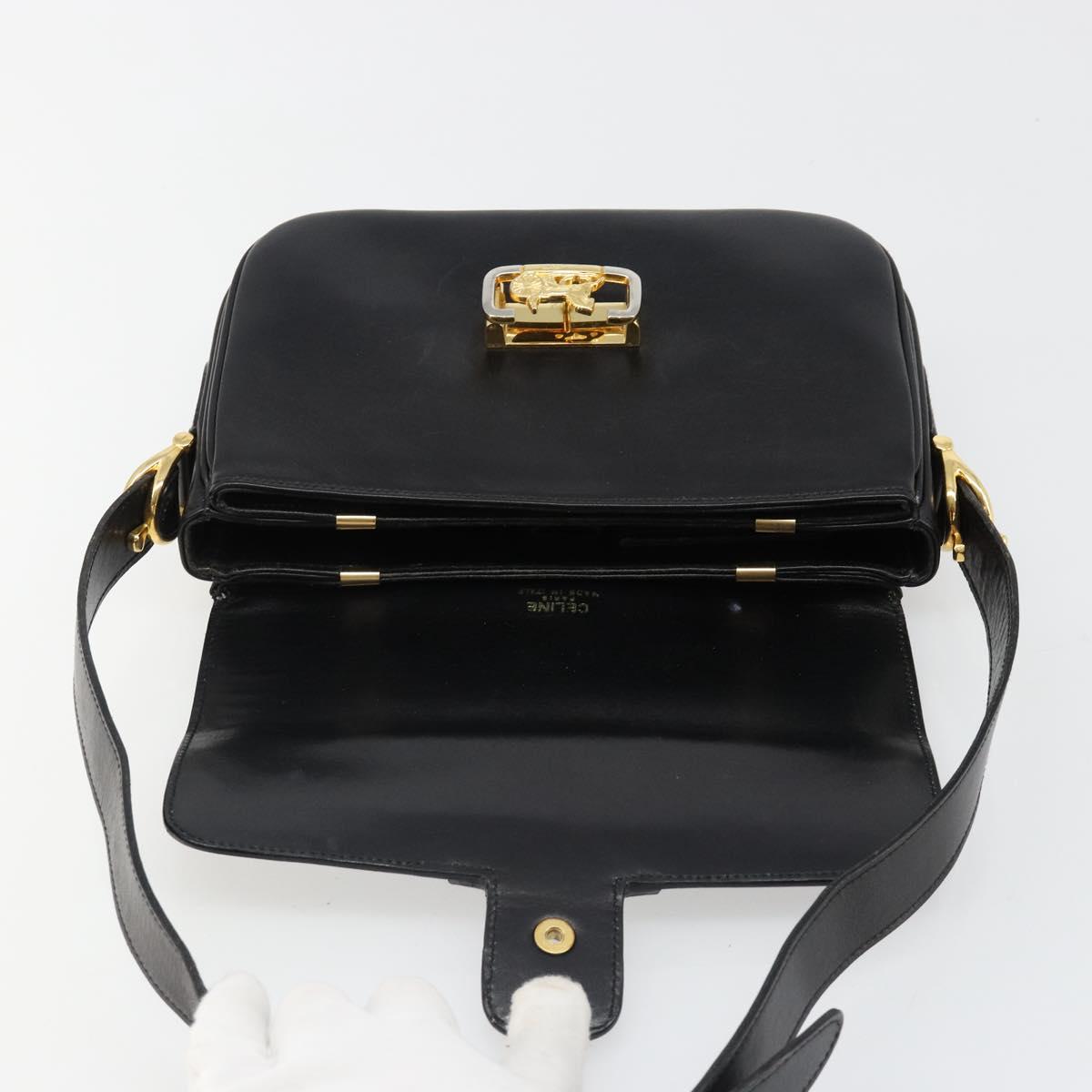 CELINE Horse Carriage Shoulder Bag Leather Gold Black Auth 185997A