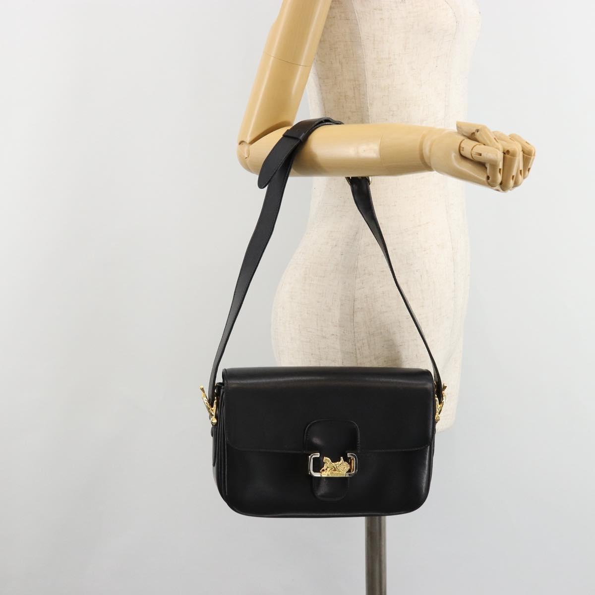 CELINE Horse Carriage Shoulder Bag Leather Gold Black Auth 185997A