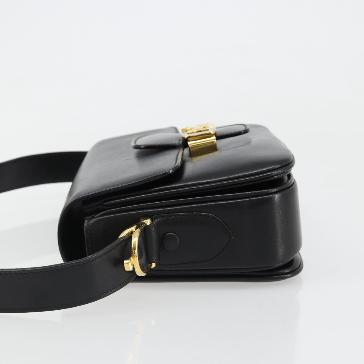 CELINE Horse Carriage Shoulder Bag Leather Gold Black Auth 185997A