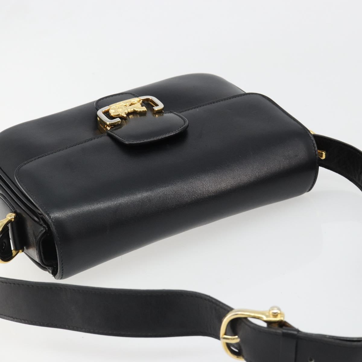 CELINE Horse Carriage Shoulder Bag Leather Gold Black Auth 185997A
