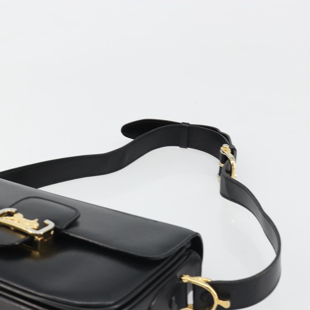 CELINE Horse Carriage Shoulder Bag Leather Gold Black Auth 185997A