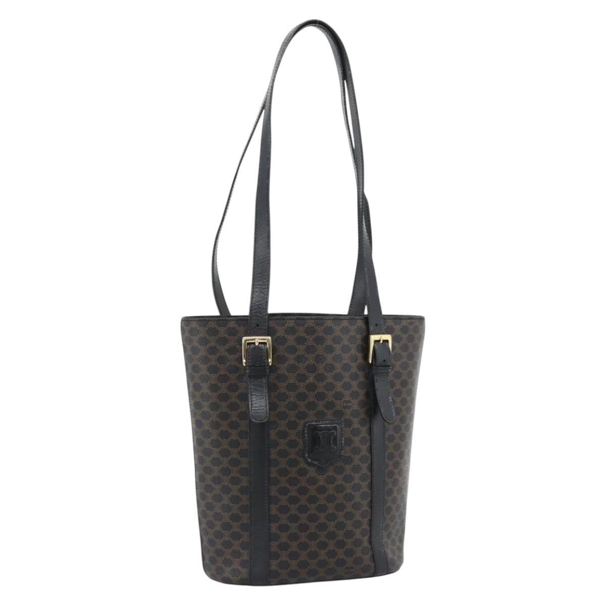 CELINE Macadam Canvas Tote Bag PVC Leather Black Gold Auth 185998
