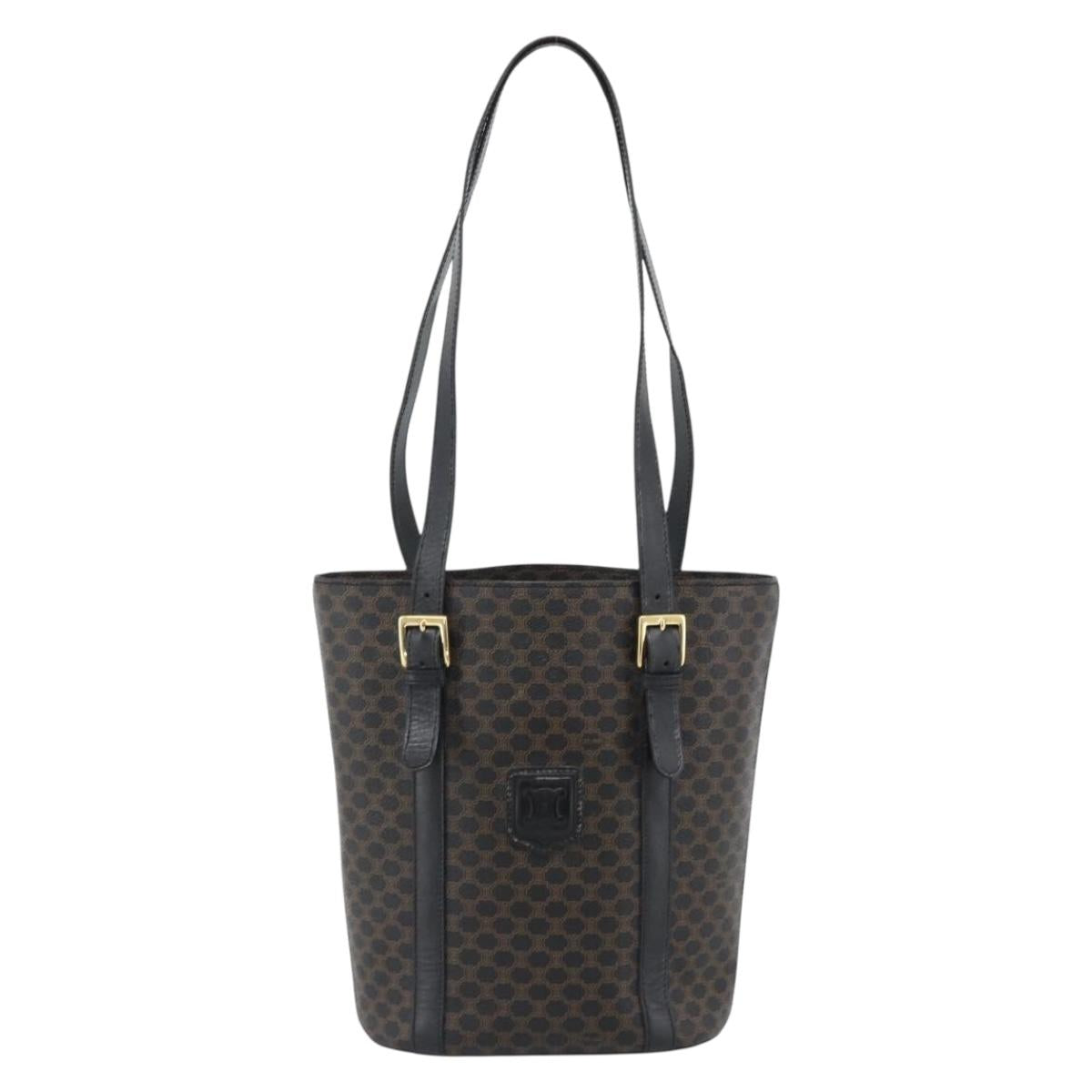 CELINE Macadam Canvas Tote Bag PVC Leather Black Gold Auth 185998