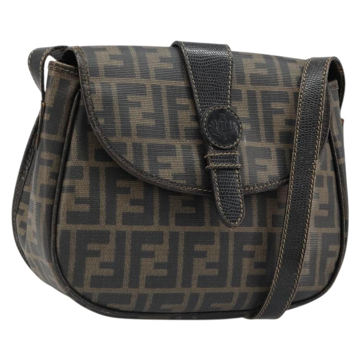 FENDI Zucca Canvas Shoulder Bag PVC Black Brown Auth 186000