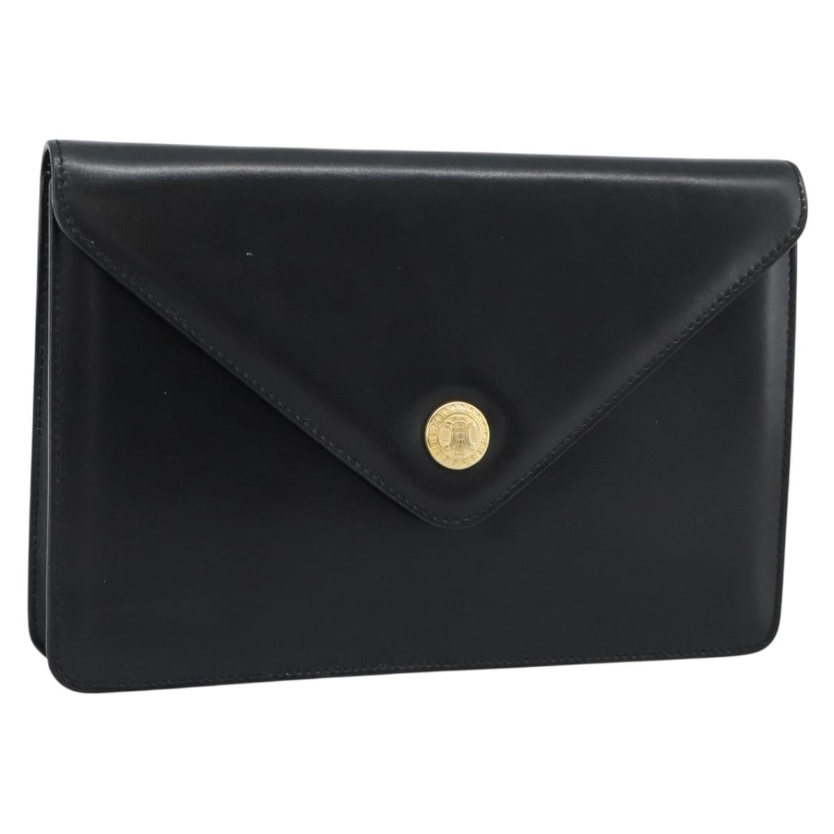 CELINE Clutch Bag Leather Black Gold Auth 186006A