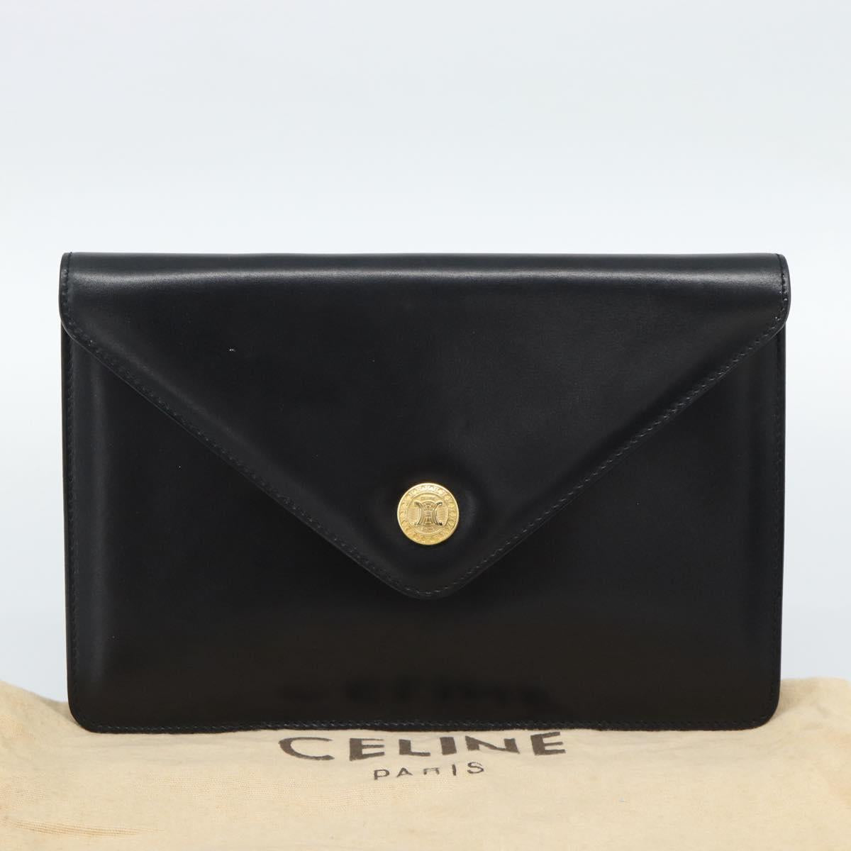CELINE Clutch Bag Leather Black Gold Auth 186006A