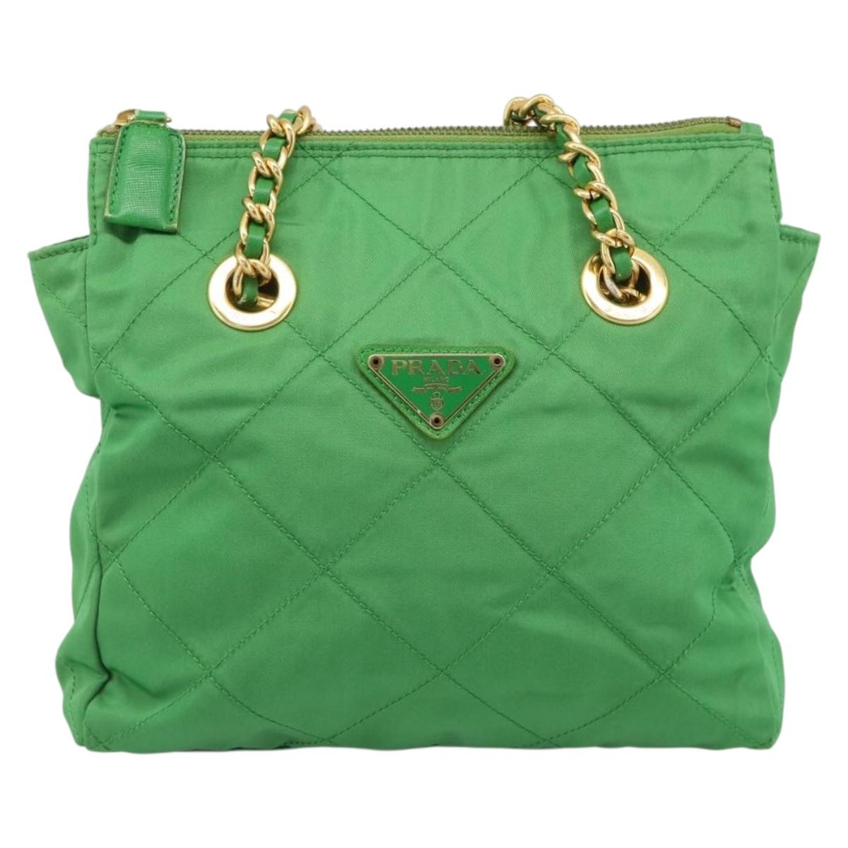 PRADA Chain Shoulder Bag Nylon Green Gold Auth 186013A