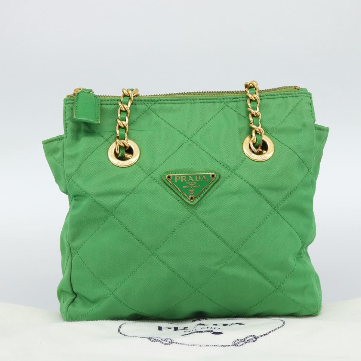 PRADA Chain Shoulder Bag Nylon Green Gold Auth 186013A