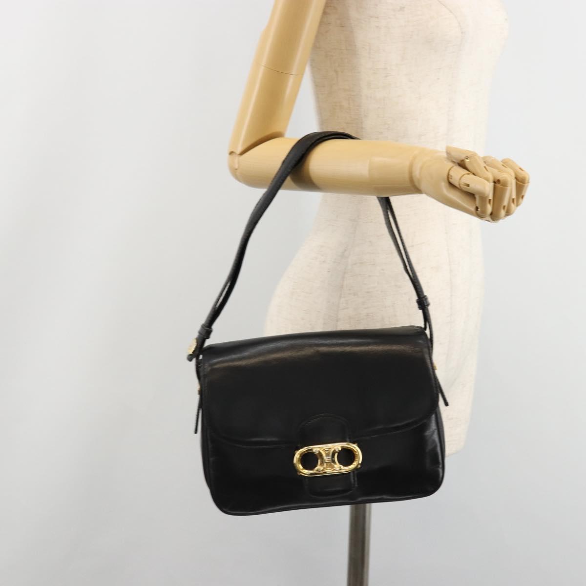 CELINE Shoulder Bag Leather Black Gold Auth 186015