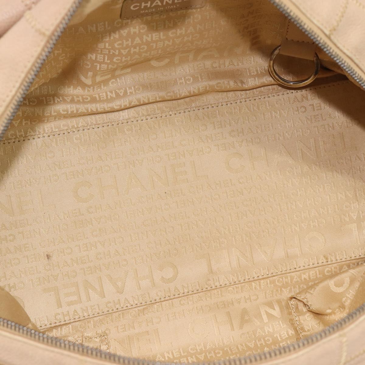 CHANEL Choco Bar Shoulder Bag Caviar Skin Beige Silver CC Auth 186018