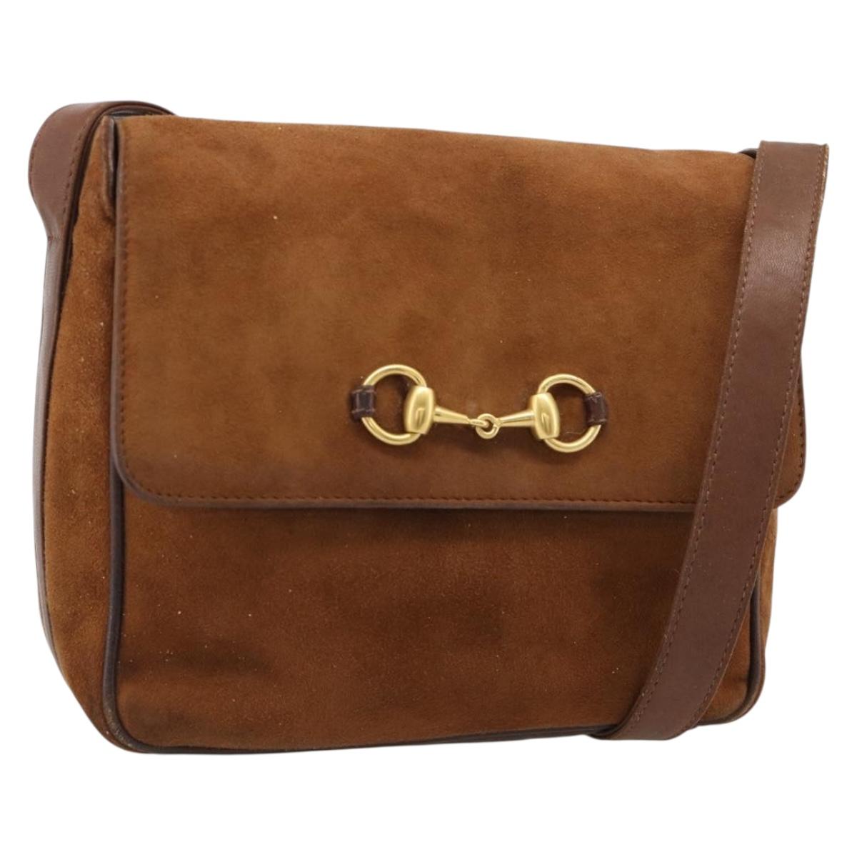 GUCCI Horsebit Shoulder Bag Suede Brown Gold Auth 186021