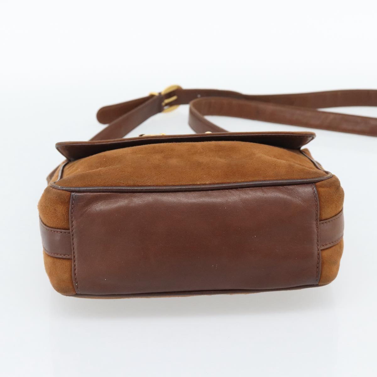 GUCCI Horsebit Shoulder Bag Suede Brown Gold Auth 186021