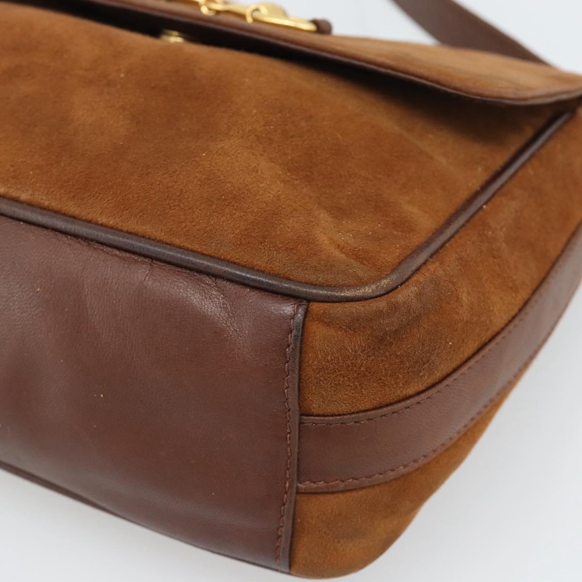 GUCCI Horsebit Shoulder Bag Suede Brown Gold Auth 186021