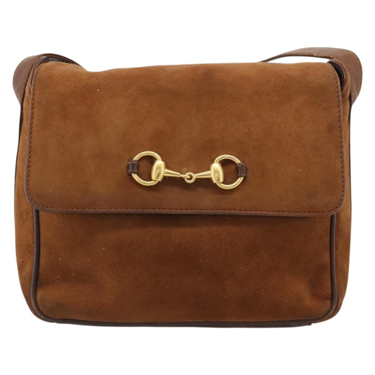 GUCCI Horsebit Shoulder Bag Suede Brown Gold Auth 186021