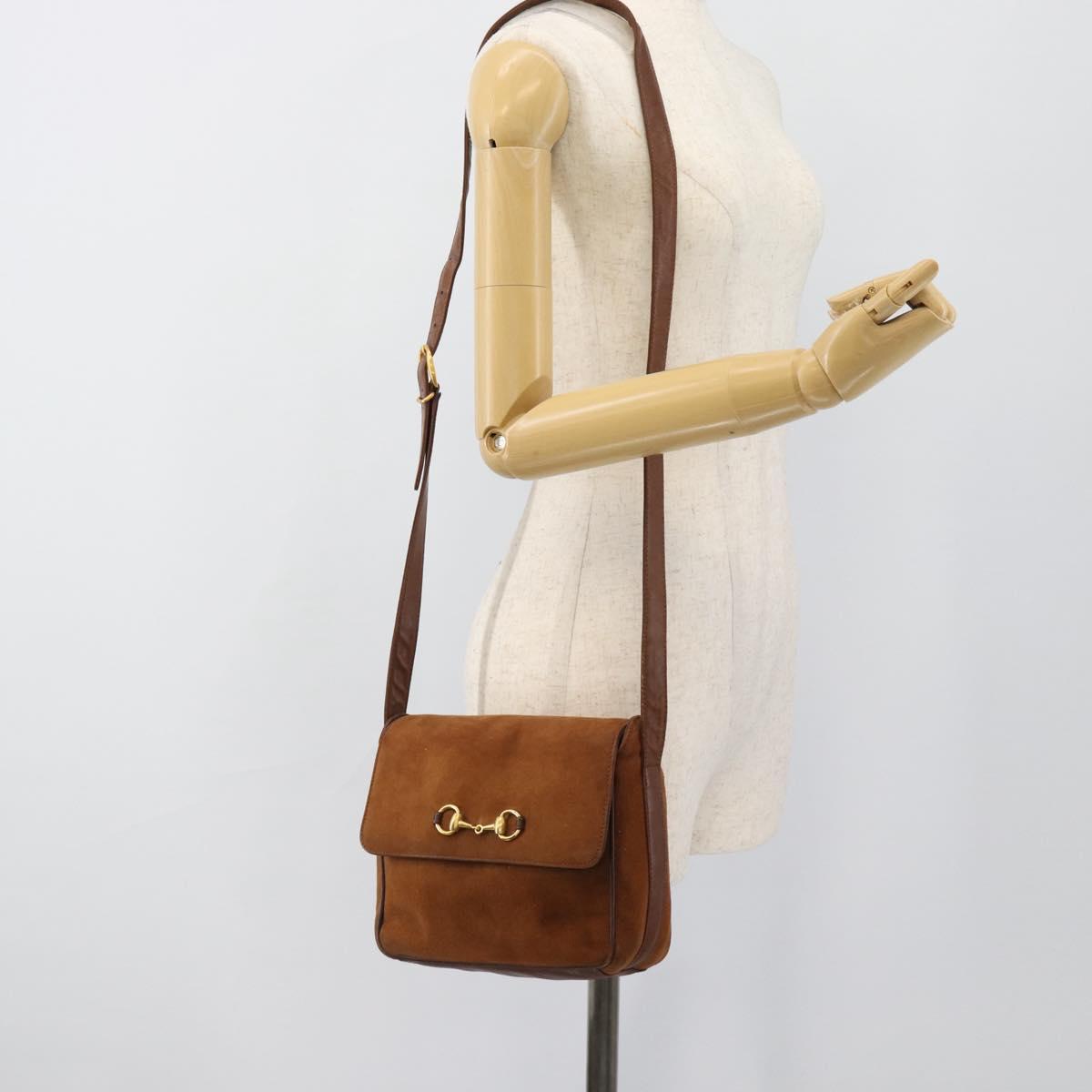 GUCCI Horsebit Shoulder Bag Suede Brown Gold Auth 186021
