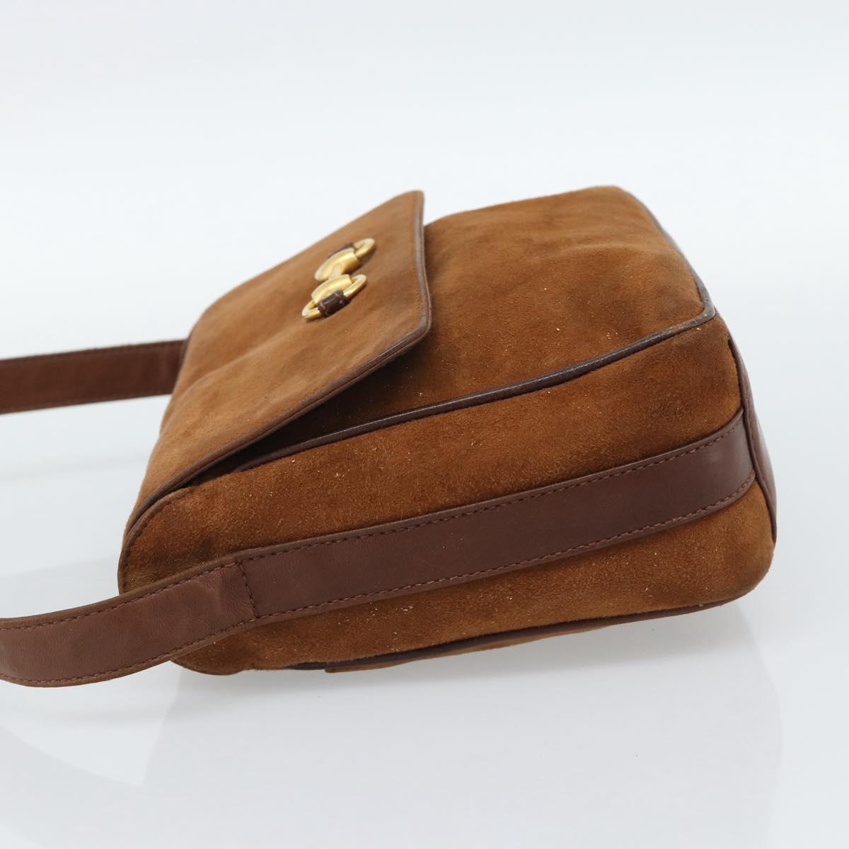 GUCCI Horsebit Shoulder Bag Suede Brown Gold Auth 186021