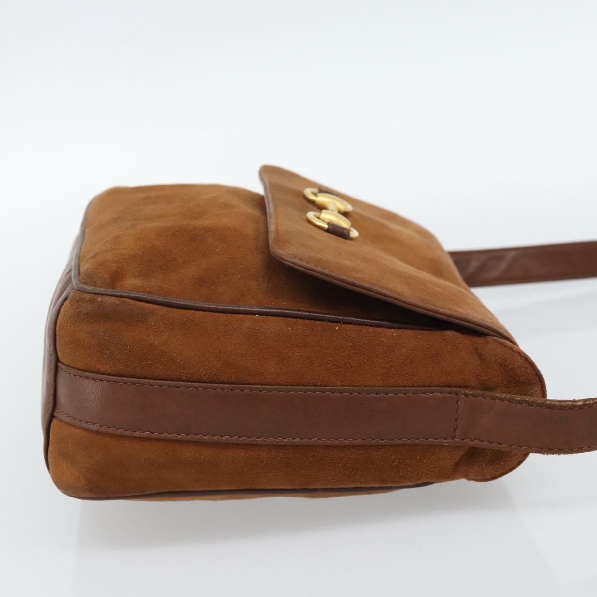 GUCCI Horsebit Shoulder Bag Suede Brown Gold Auth 186021