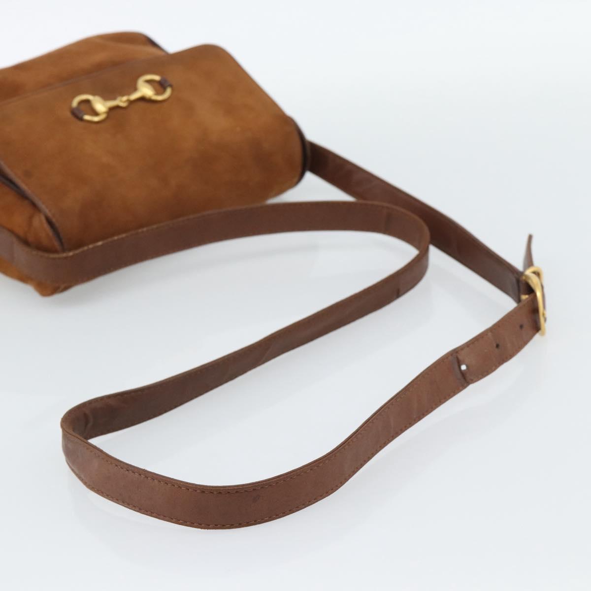 GUCCI Horsebit Shoulder Bag Suede Brown Gold Auth 186021