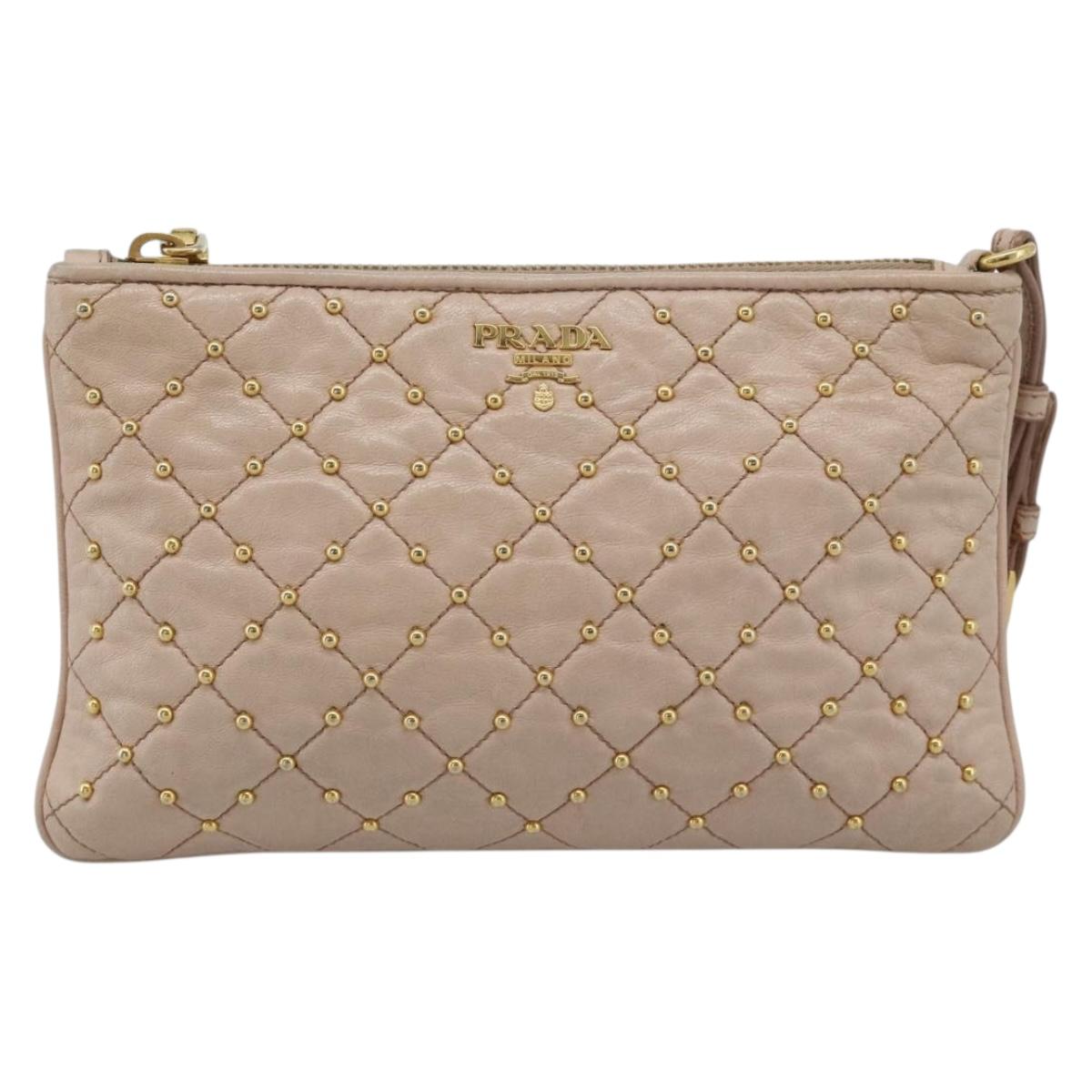 PRADA Clutch Bag Leather Pink Gold Auth 186026A