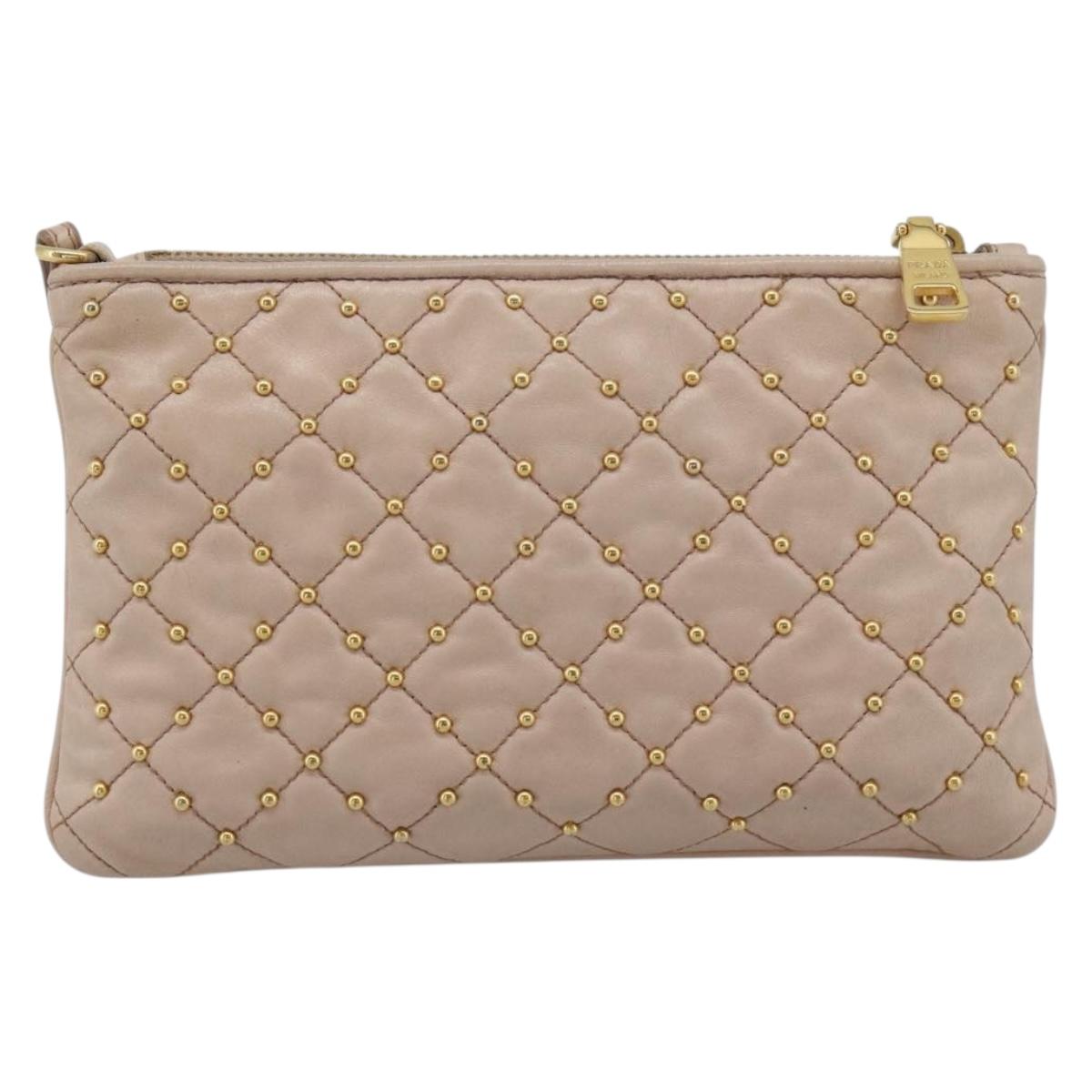 PRADA Clutch Bag Leather Pink Gold Auth 186026A