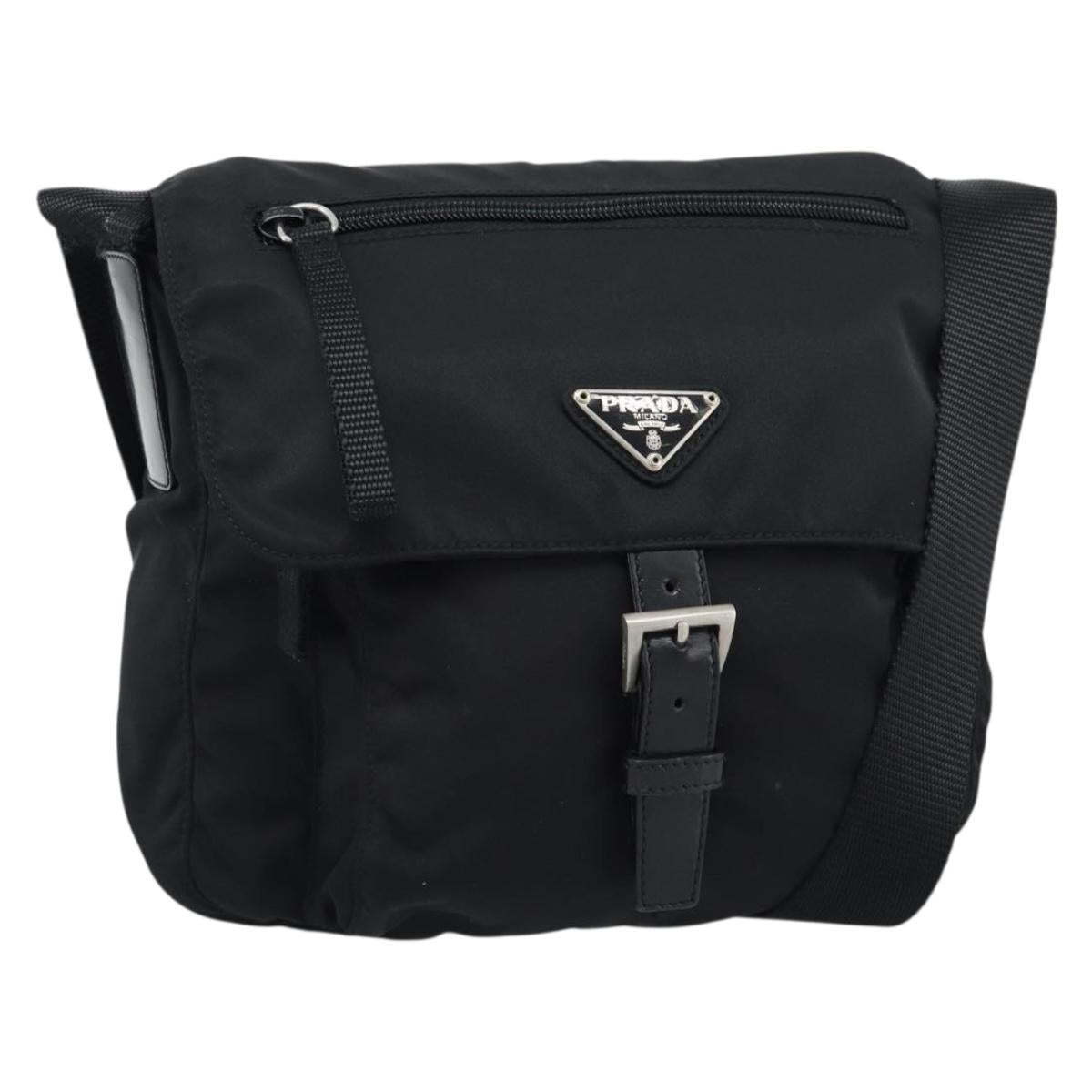 PRADA Shoulder Bag Nylon Black Silver Auth 186039A