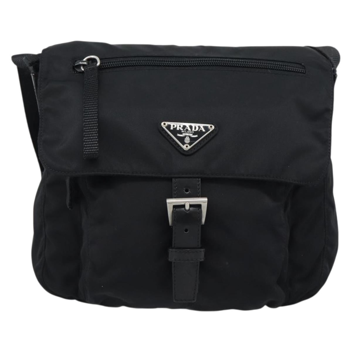 PRADA Shoulder Bag Nylon Black Silver Auth 186039A