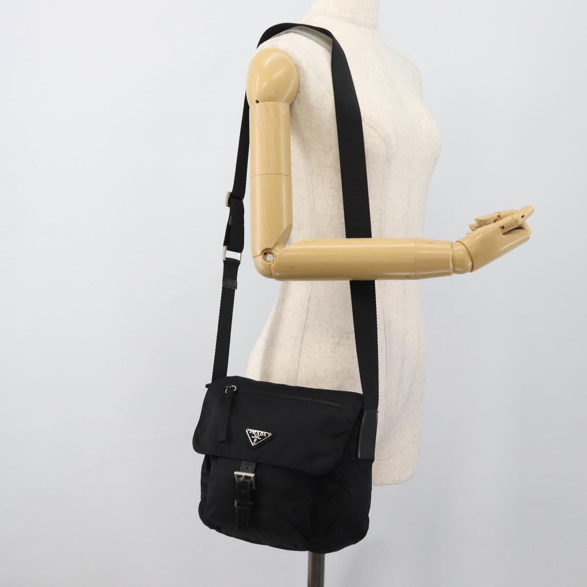 PRADA Shoulder Bag Nylon Black Silver Auth 186039A