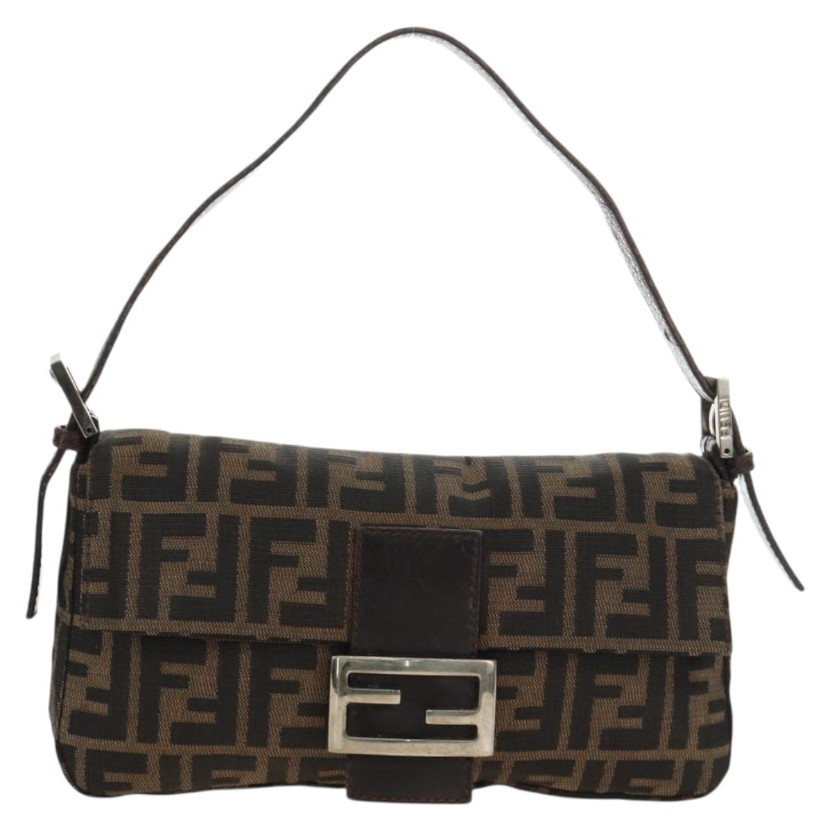FENDI Zucca Canvas Mamma Baguette Shoulder Bag Black Brown Auth 186044SAM