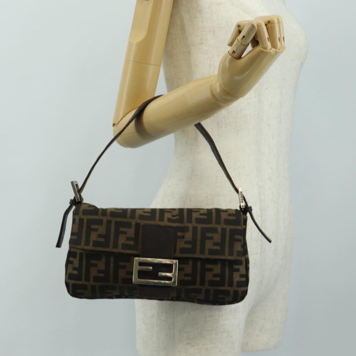 FENDI Zucca Canvas Mamma Baguette Shoulder Bag Black Brown Auth 186044SAM