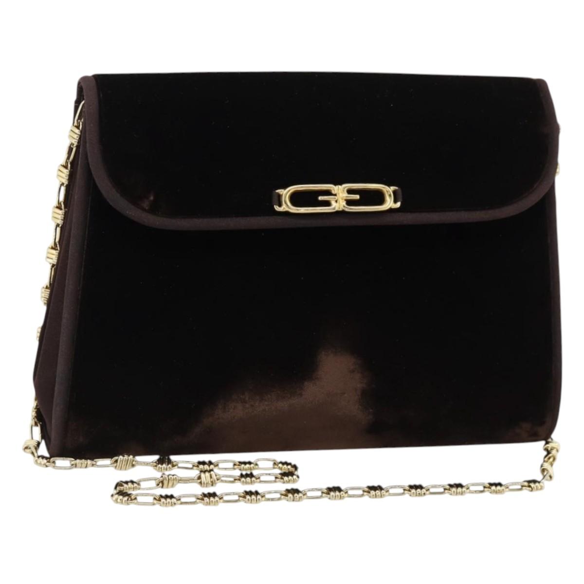 GUCCI Chain Shoulder Bag Velor Brown Gold Auth 186050A