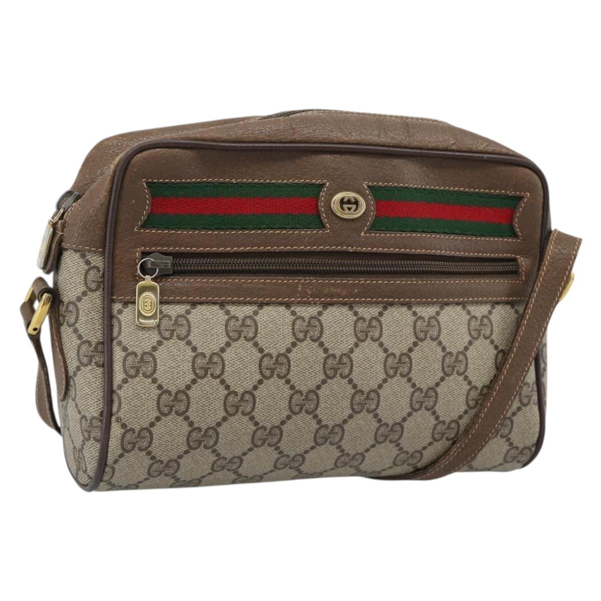 GUCCI GG Supreme Web Sherry Line Shoulder Bag PVC Beige Gold Auth 186057