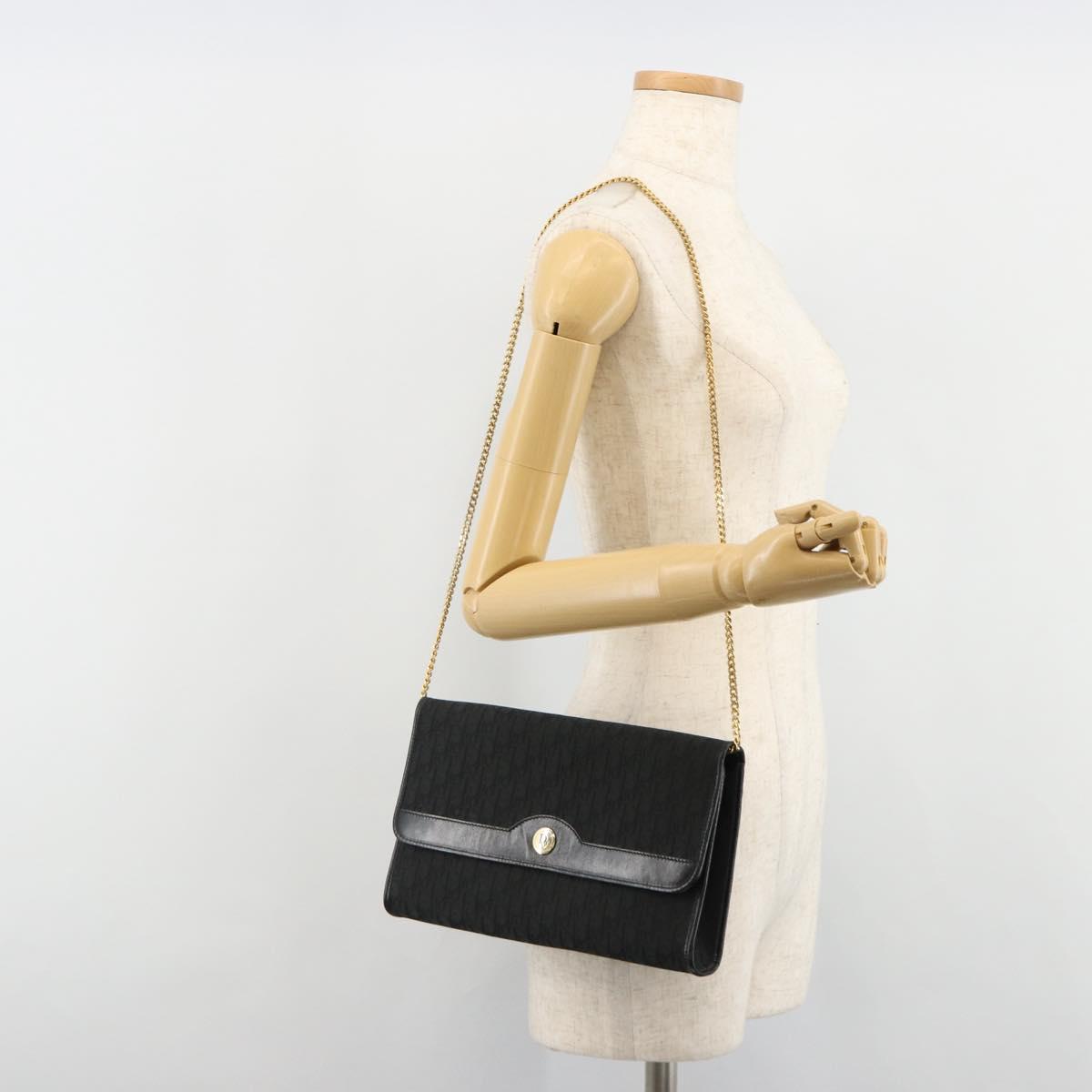 Christian Dior Trotter Canvas Chain Shoulder Bag Black Gold Auth 186061A