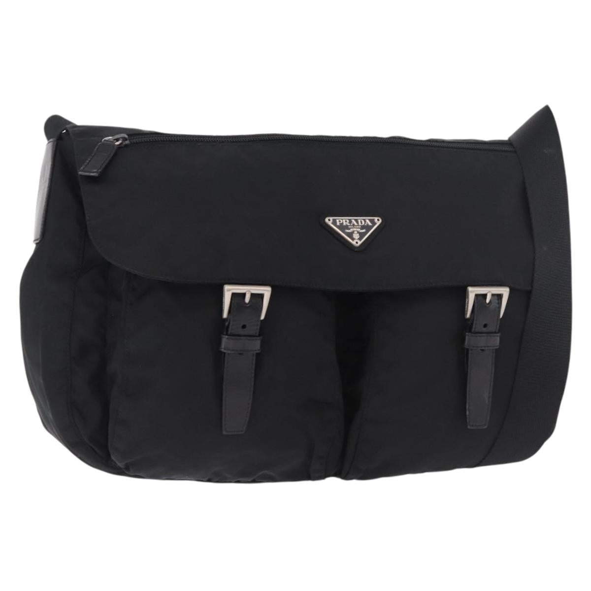 PRADA Shoulder Bag Nylon Black Silver Auth 186088A