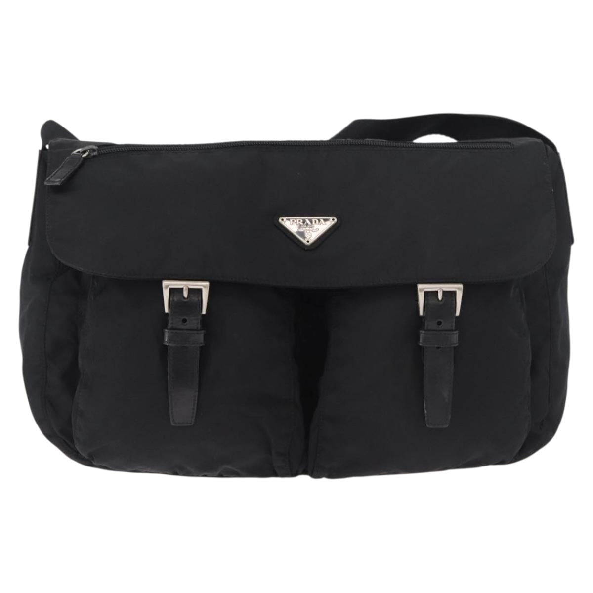 PRADA Shoulder Bag Nylon Black Silver Auth 186088A